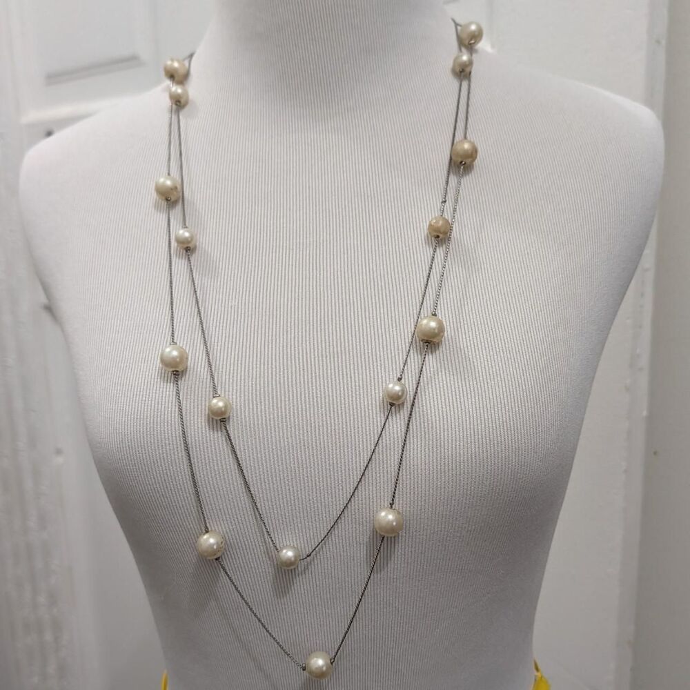 Long Faux Pearl Station Layered Necklace Double Strand Silver Tone